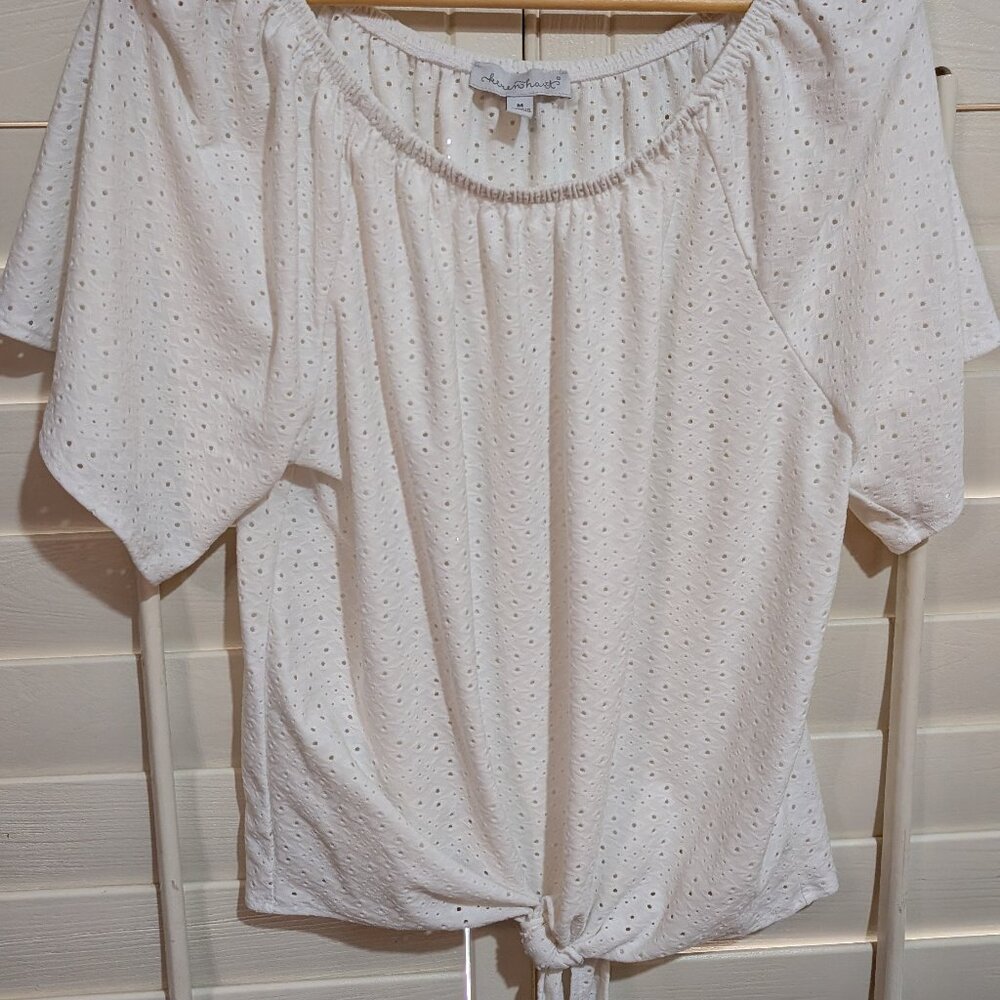 White Eyelet Peasant Top with Tie Front; Keren Hart; Sz Medium